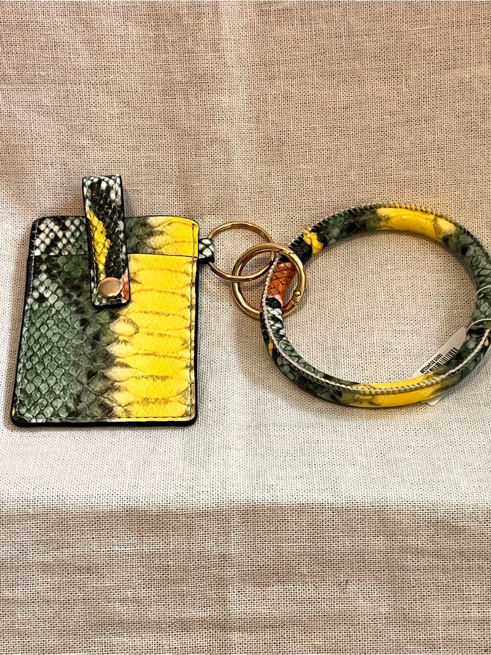 Snake-Print Wristlet Key Ring with Yellow and Green Card Pocket